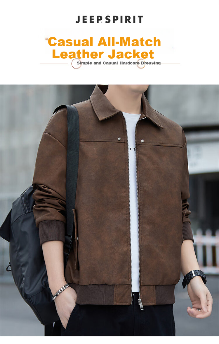 JEEP SPIRIT Men's Leather Jacket, Casual High-End Style, Trendy Suede Coat for Autumn And Winter 1