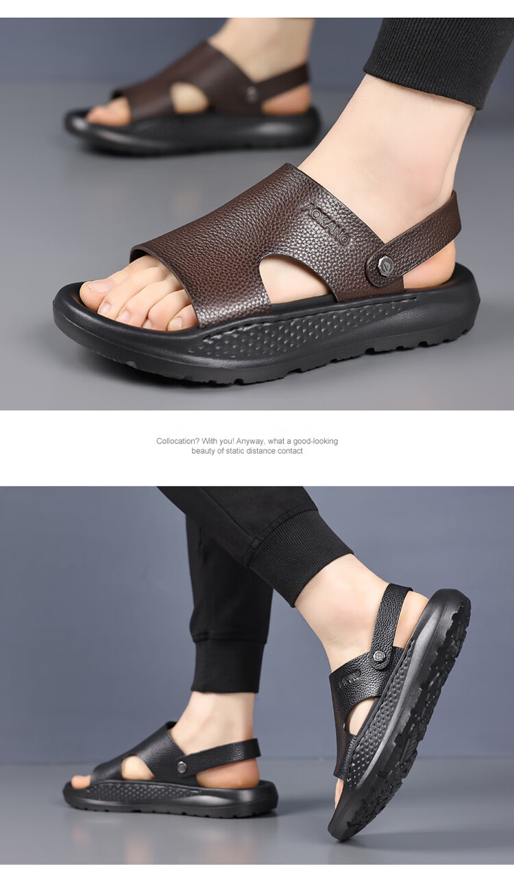 Aokang Summer New Thick-Soled Sandals, Cowhide Soft Sole Casual Beach Shoes Slippers, Brown, Size 44 11