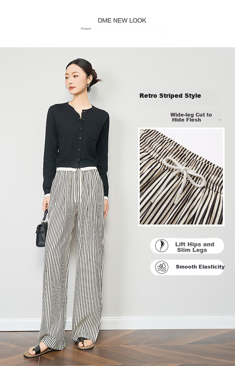 Dme [Containing Cloud Cotton] Spring And Autumn Korean Style Retro Striped Wide-Leg Pants with Drawstring Elastic Waist, Flattering Women's Casual Trousers 3
