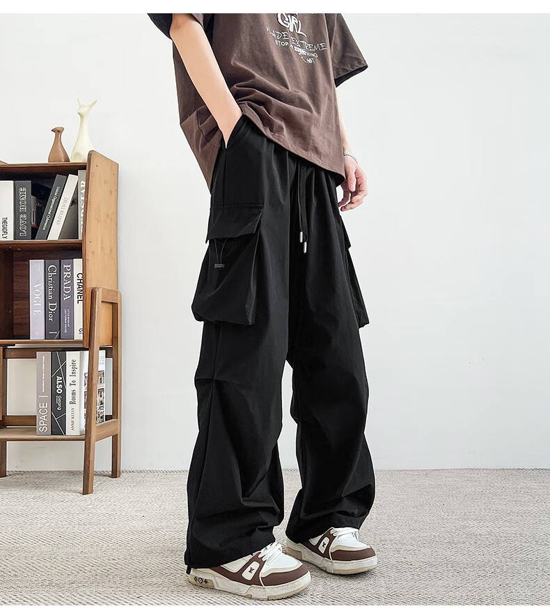 Homlean American-Style Wide-Leg Cargo Pants for Men, Summer Straight Loose Paratrooper Functional Tactical Casual Trousers KMX06 Black L 21