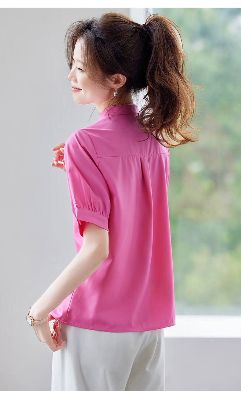 JEANSWEST Women's Summer Short Sleeve Shirt Elegant Versatile Fashion Bowknot Solid Color Formal Top White M 8