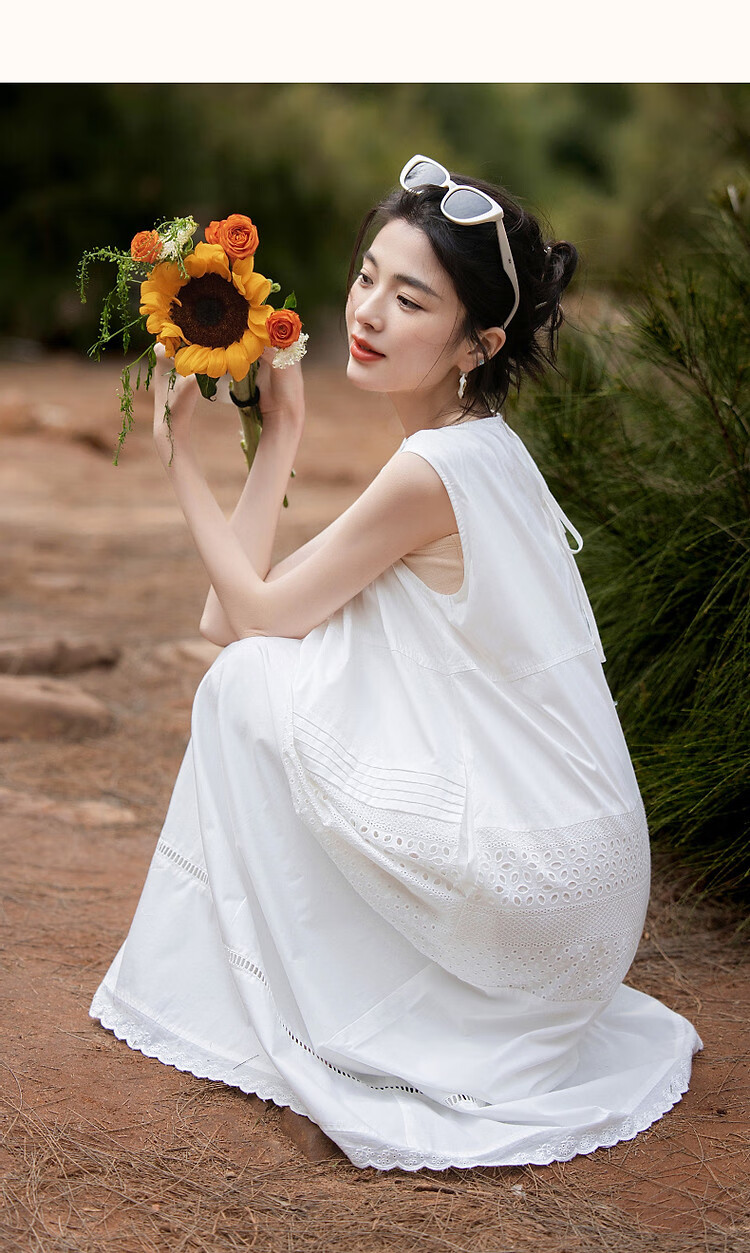 Demana [Yongbai Diao] Summer Lightweight 50s Cotton Poplin Embroidered Patchwork Ruched Tank Pleated Women's Dress 7
