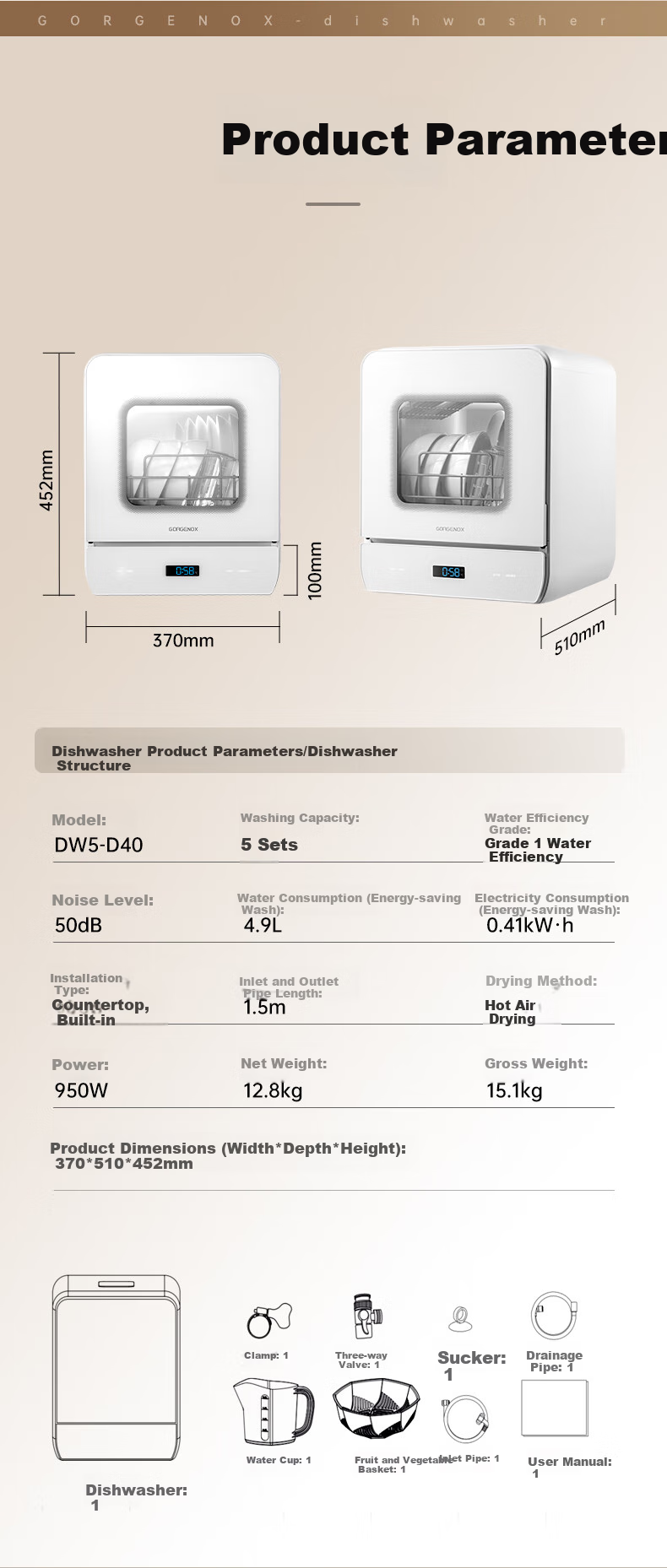 GORGENOX Dishwasher Tabletop 5-Place Setting Household Set with Baby And Maternity Care, Dish Washing, Disinfection, Drying And Storage All-In Small Soft Water System Hot Air Drying UV Sterilization DW5-D40A 10