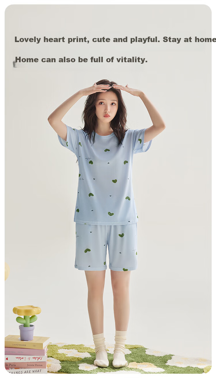 Hodo Summer Lightweight Tencel Cotton Printed Polka Dot Floral Women's Simple Wearable Short-Sleeve Pajama Set 3