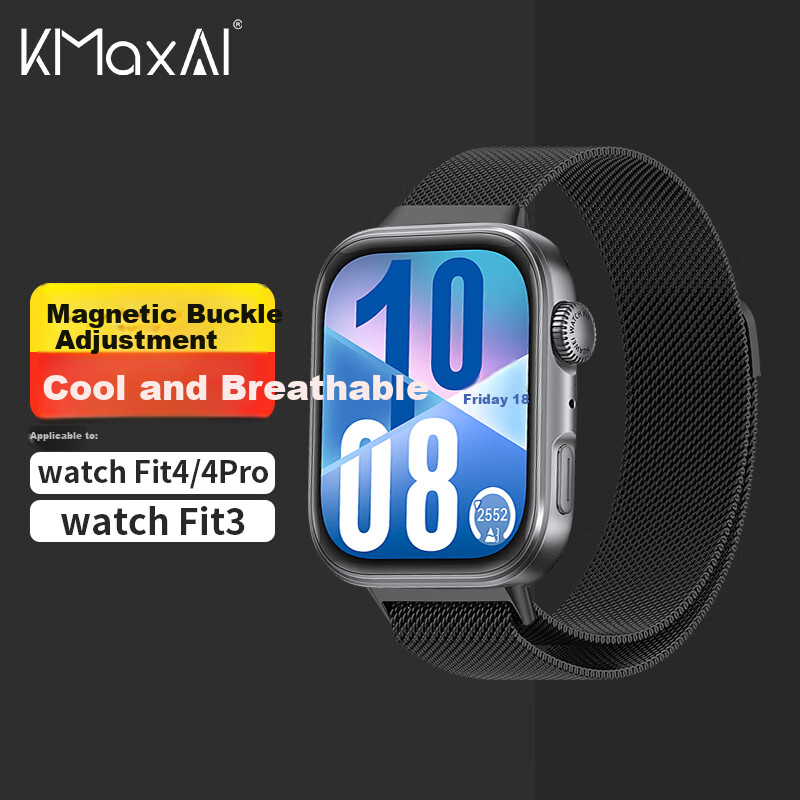 KMaxAI Compatible with Huawei Watch Fit 4/4 Pro/3 Milanese Metal Strap, Magnetic Stainless Steel Braided Watch Band, Breathable Business Watch Chain Replacement Wristband, Black