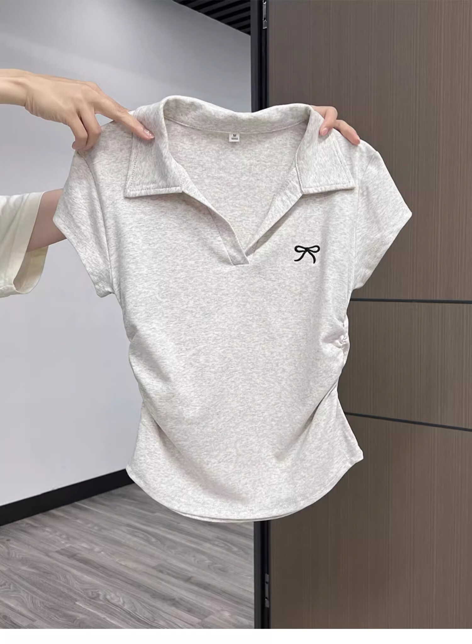 Woodpecker POLO Collar Pure Desire Short Sleeve Bow Embroidery Shoulder T-Shirt Women Slim Fit Cropped Top White L 10