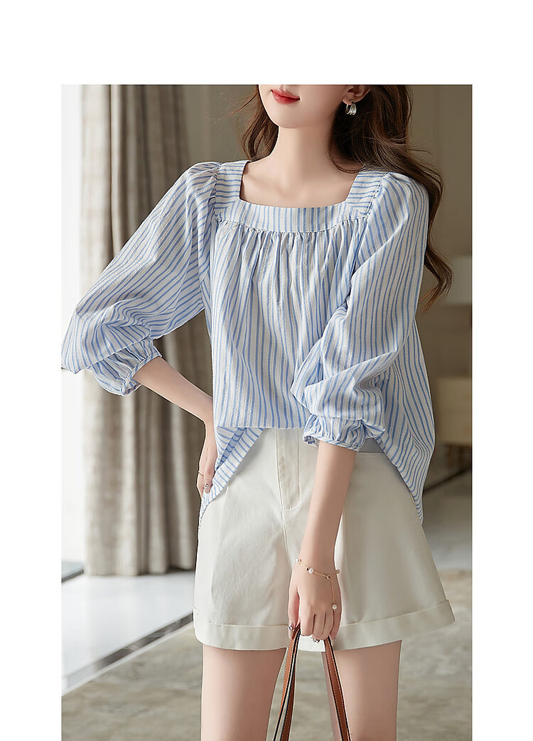 Dme [Oxygen Pure Cotton] Fresh Spring And Autumn Square Collar Striped Shirt, Retro Lantern Sleeves, Slimming Blouse, Women's Top 7