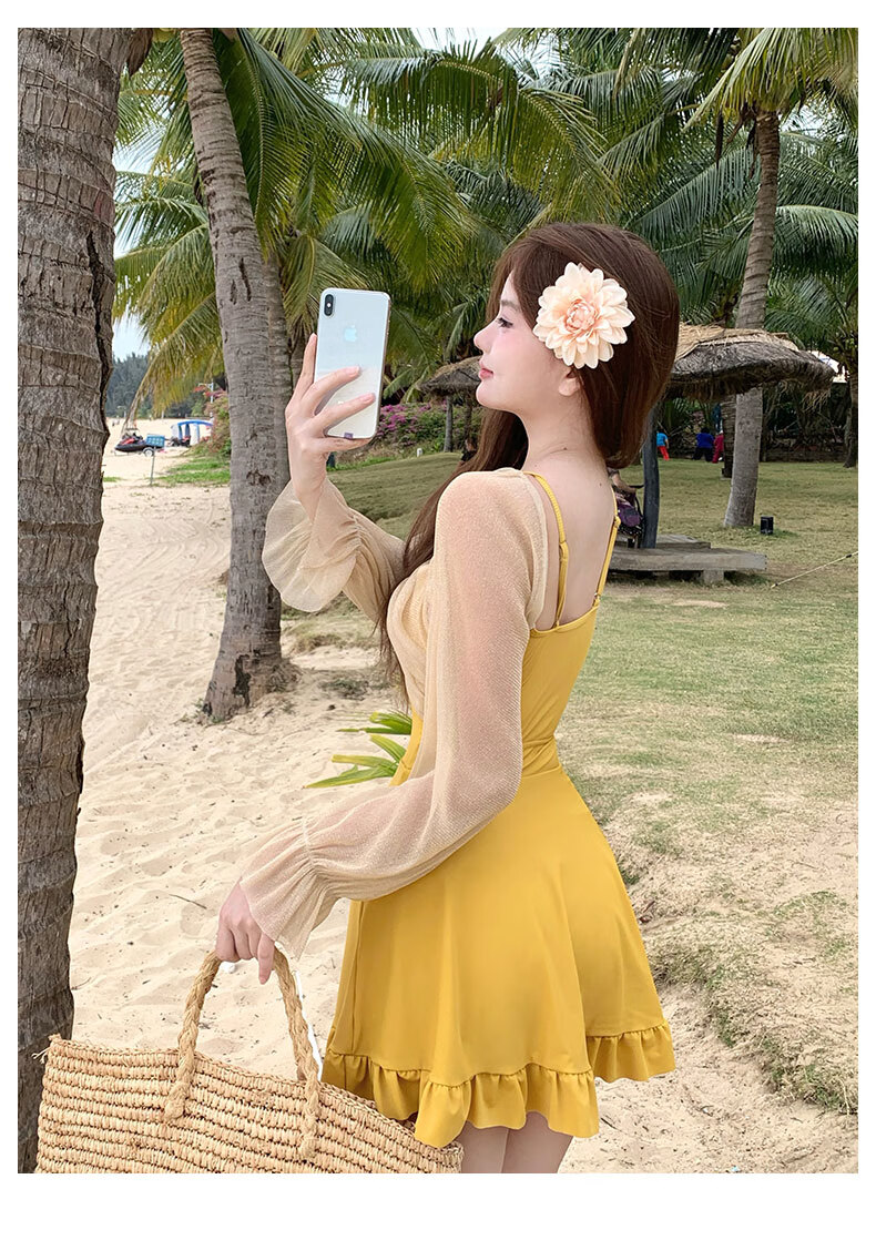 DK One-Piece Swimsuit Dress for Women, Conservative Style, New Hot Spring Design, Push-Up for Small Chest, Slimming Effect, Vacation Beach Wear, Elegant Look 14