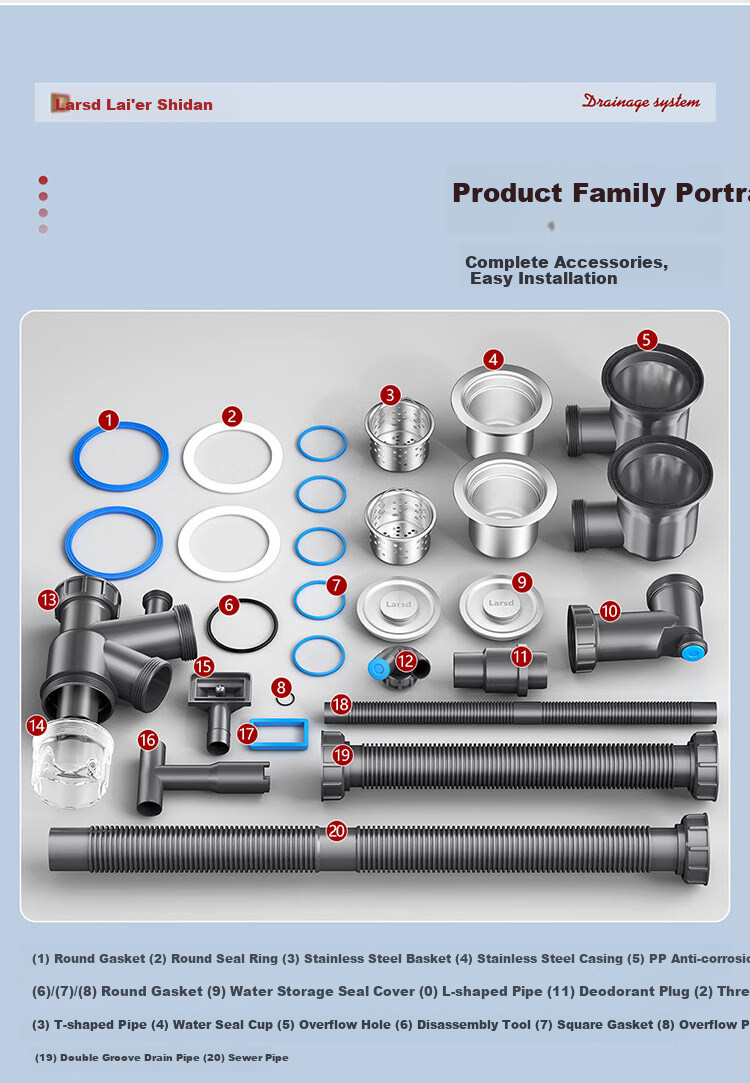Larsd Kitchen Sink Drain Pipe, Kitchen Drainage Set, Double Sink Drainage Pipe Accessories for Washbasin And Sink 9227 21