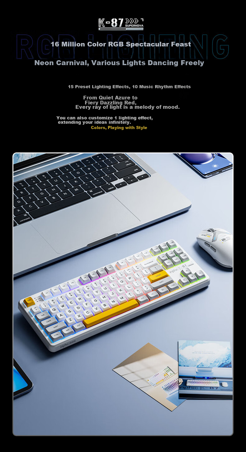 INPHIC K87PRO Wireless Mechanical Keyboard Wired 87-Key Bluetooth Tri-Mode Gasket Custom Full-Filled Side-Engraved HIFI Gaming Esports Office Silver 7