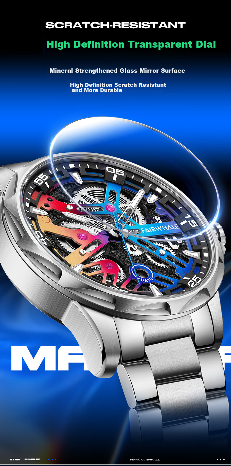 MARK FAIRWHALE Men's Fully Automatic Skeleton Mechanical Watch, Luminous, Water-Resistant, Top Ten Famous Watches, Swiss Quality Wristwatch FW-6620 8