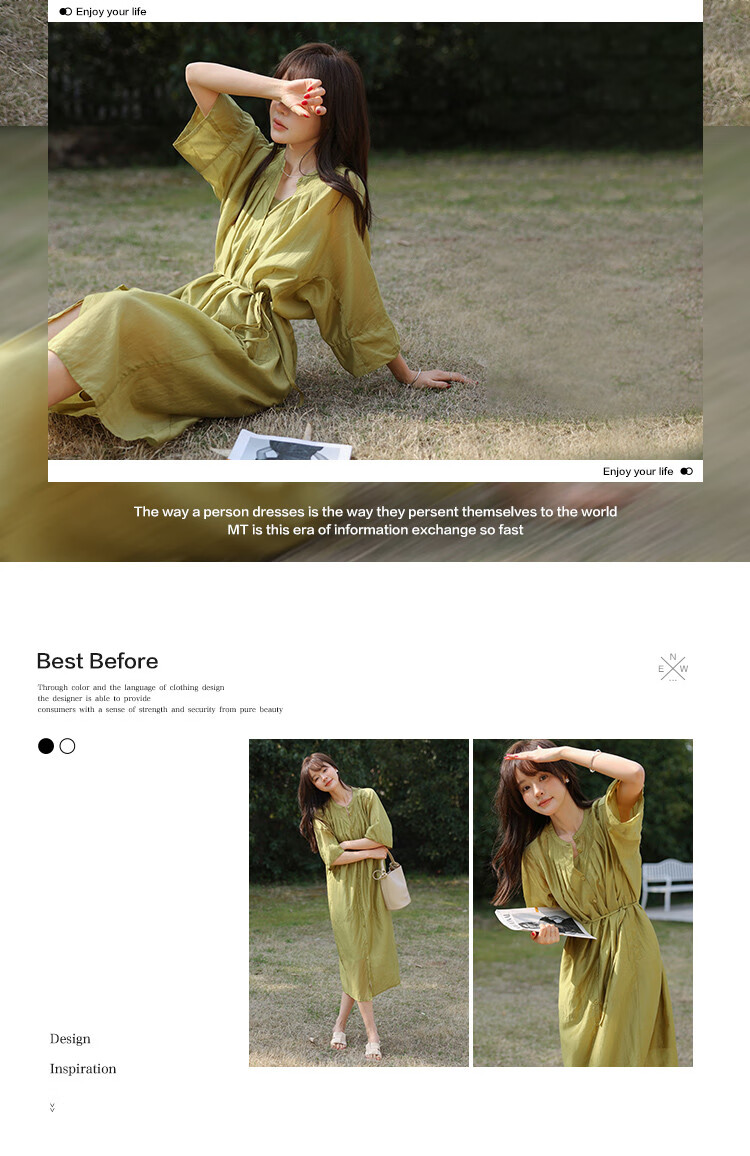 MT Minimalist Bright Color Summer Lightweight Tie-Waist Round Neck 5-Sleeve Long Dress 2