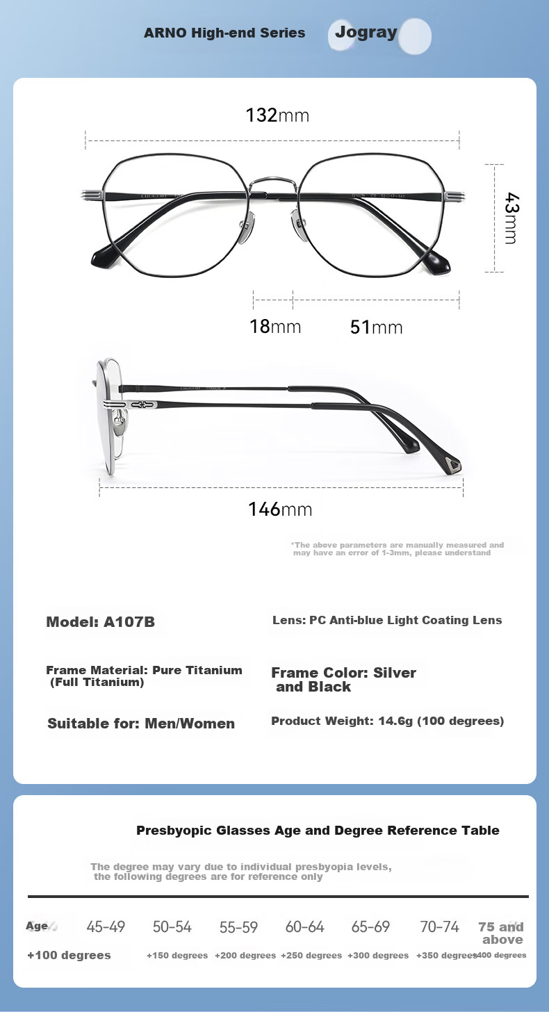 ARNO FOCUS ON YOUR EYES German Imported Lenses Fashion Ultra-Light Pure Titanium High-Definition Anti-Blue Light Reading Glasses A107B 200 Degrees 9