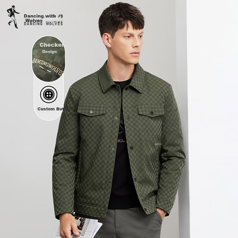 DANCING WOLVES [Trendy Checkered] Lapel Workwear Style Jacket, Easy-Care Men's Coat, Army Green, 2XL(185)
