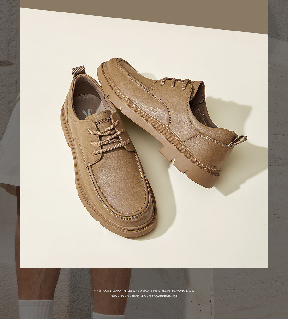 Yierkang Men's Shoes, British Style Business Lace-Up Casual Shoes, Flat Comfortable Leather Shoes for Men, 96972W, Khaki, Size 44 2