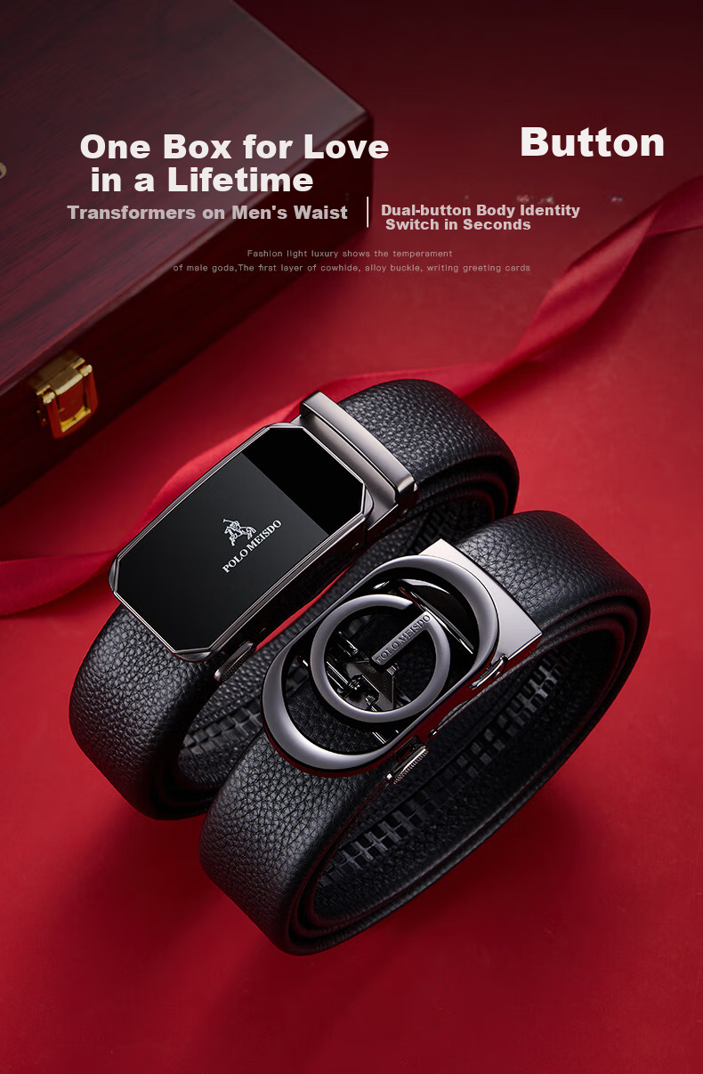 POLOMEISDO Men's Genuine Leather Belt with Automatic Buckle, Double-Buckle Gift Box, Self-Operated Birthday Present for Boyfriend, Husband, Father 4