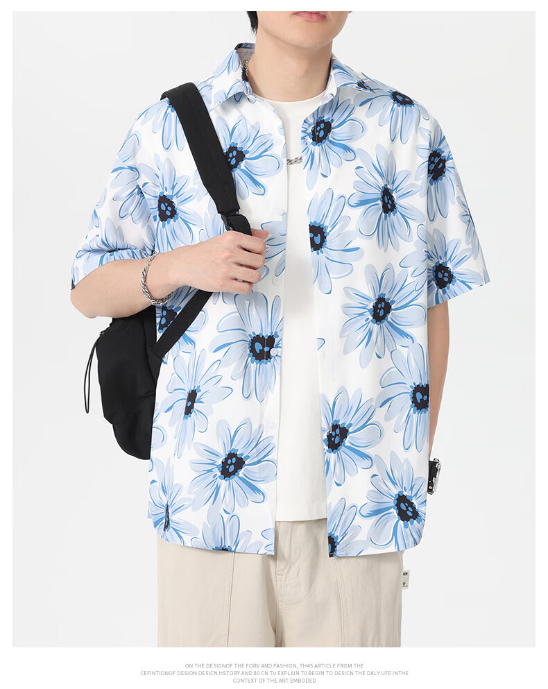 CLOR American Style Ice Silk Shirt Men's Spring and Autumn Printed Short Sleeve Loose Jacket CLCX11 Blue Rhythm Baby Flower 3XL 4