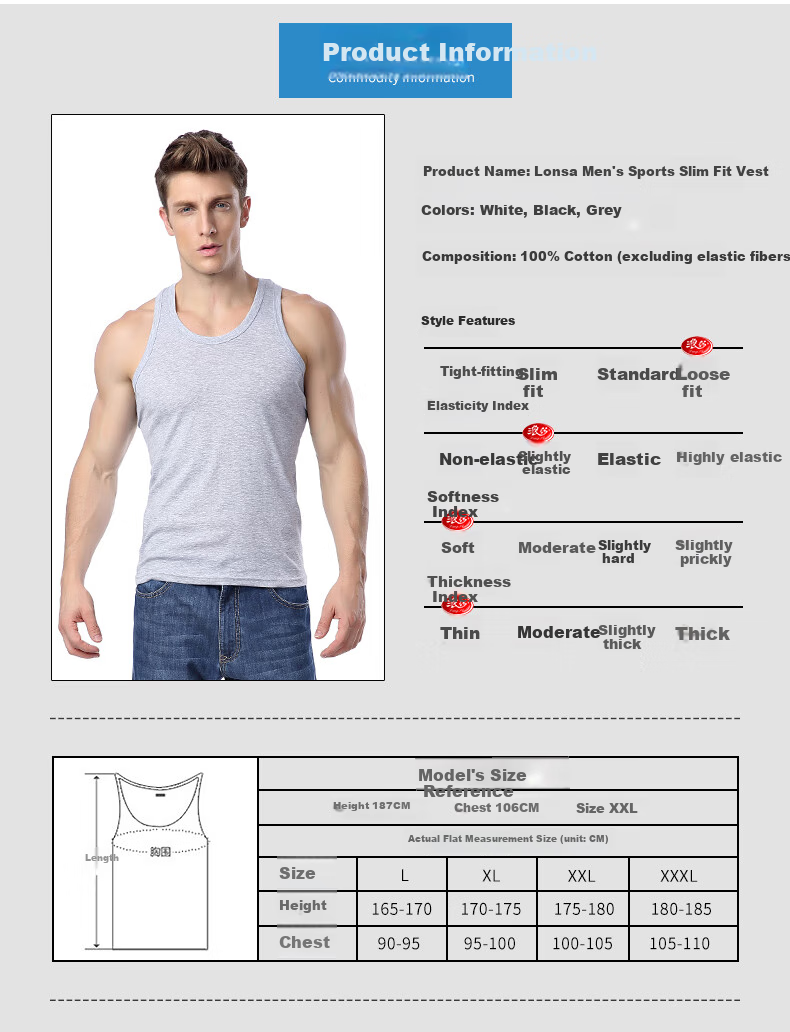Langsha Men's Tank Top, Pure Cotton Undershirt, Thin Style, 100% Cotton, Athletic Fitness Sleeveless Vest, Ribbed Halter Neckband, 3 Pieces 7