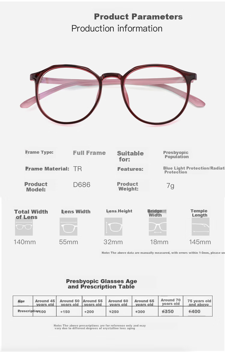 Nianqingtai Women's Fashionable Full-Frame TR90 Comfortable High-Definition Ultra-Light Imported Reading Glasses D685 + 400 Degrees 4