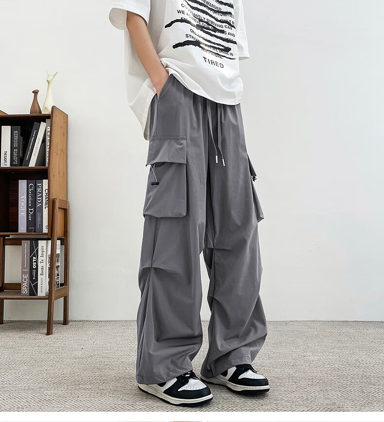 Homlean American-Style Wide-Leg Cargo Pants for Men, Summer Straight Loose Paratrooper Functional Tactical Casual Trousers KMX06 Black L 11
