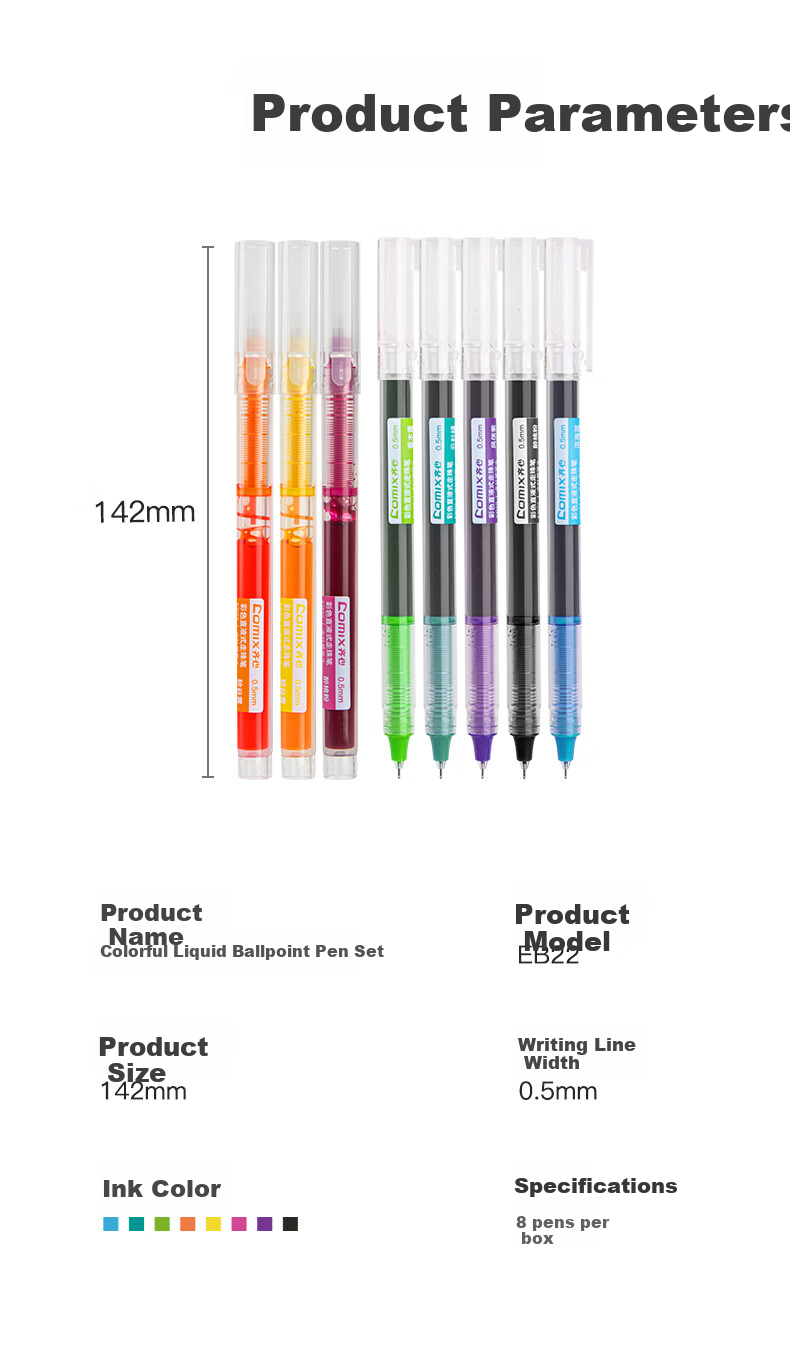 COMIX Colored Gel Pen Set, 0.5mm Full Needle Tube, Student Signature Pen, Neutral Pen, Rollerball Pen, Note Treasure, 8 Pens/box EB22 7