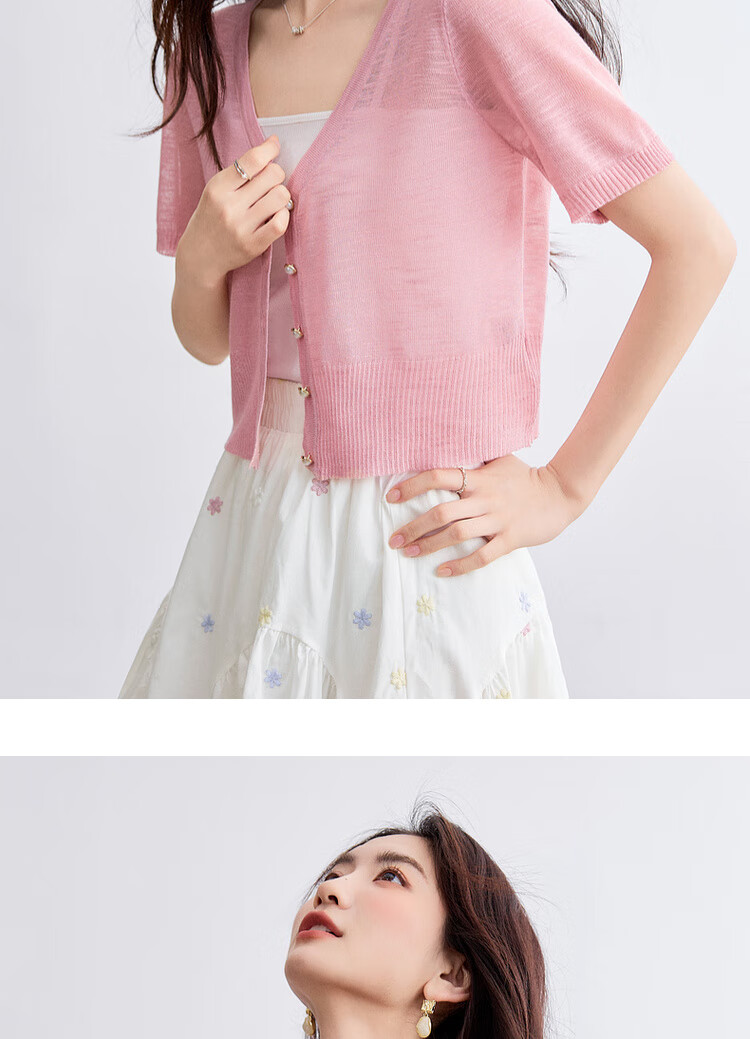 Sentubila Lazy Atmosphere Milk Huhu Refreshing Knit Top for Women, Summer V-Neck Short-Sleeve Cardigan, White, L 18