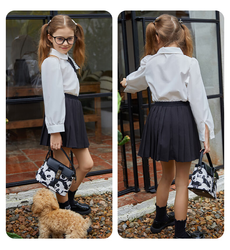 Follow Me Girls' Summer Set: Preppy Style Shirt Top And Pleated Skirt Two-Piece Set White/black 140 10