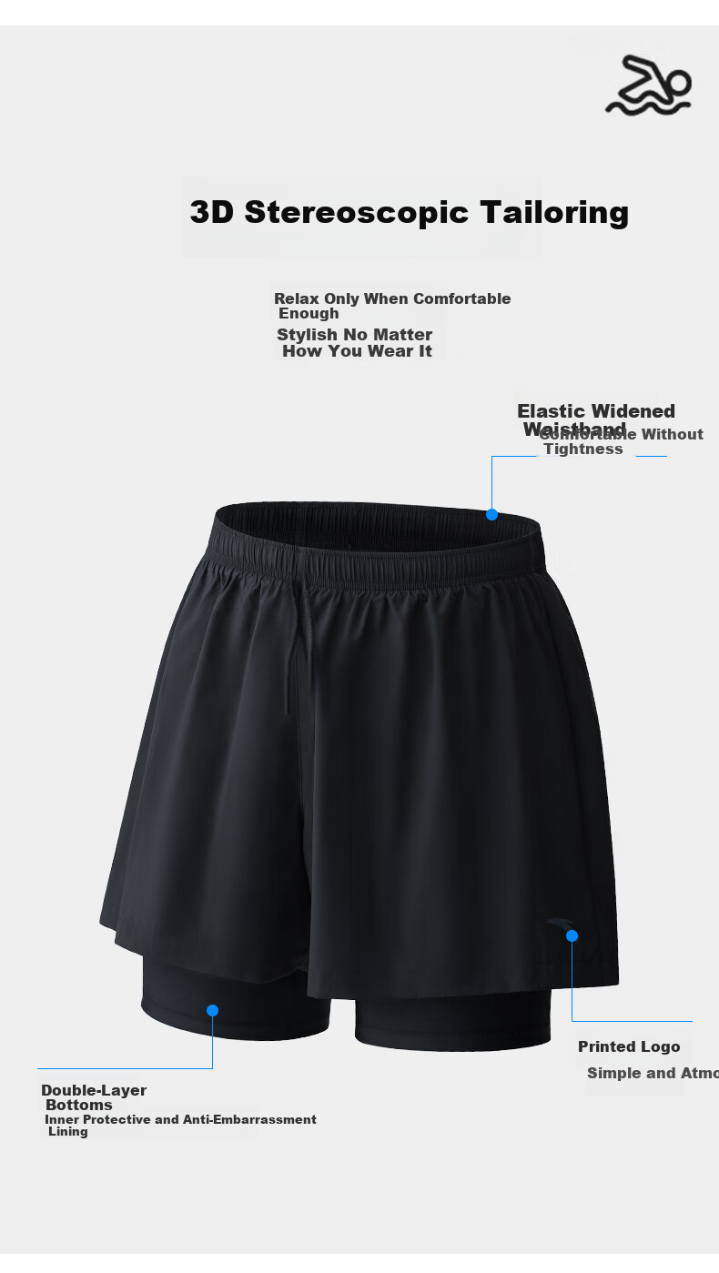 ANTA Men's Double-Layer Swim Shorts, Three-Quarter Length, Anti-Embarrassment, Quick-Drying, Breathable, Beach Shorts, Outdoor Swim Trunks for Men, Navy Blue XL 2