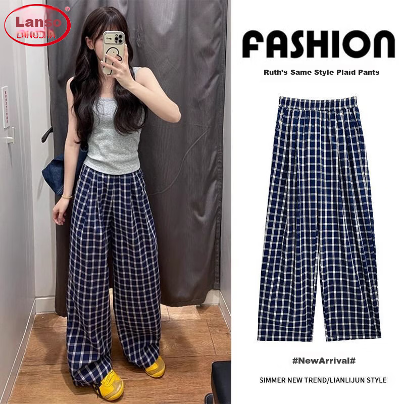 LangSha Vintage Plaid Pants for Women, Spring 2026 New Style, High-Waisted, Relaxed Fit, Loose-Fitting, Slimming Straight-Leg, Casual Wide-Leg Trousers for Strolling