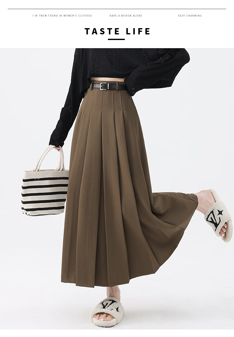 Ziyouxi Gray High-Waisted A-Line Pleated Skirt for Women, New Autumn 2026 Formal Skirt, Slimming Mid-Length Suit Skirt 27