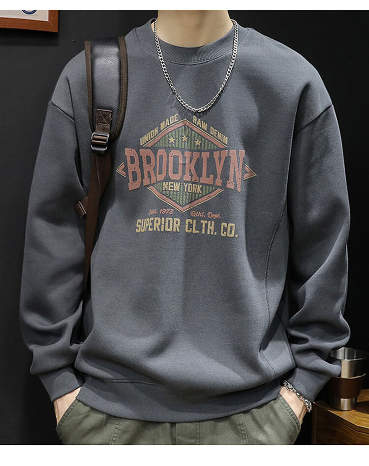 JEEP SPIRIT Heavyweight Crewneck Sweatshirt Men Spring Trendy Brand Printed Plus Size Long Sleeve Shirt Dark Gray 2XL 2