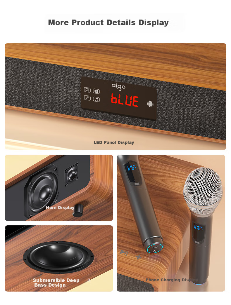 Aiguozhe T108 Bluetooth Speaker, Soundbar TV Speaker, Wireless Home KTV Theater Karaoke Speaker Set, All-In Machine with Dual Microphones, Wood Grain Color 12