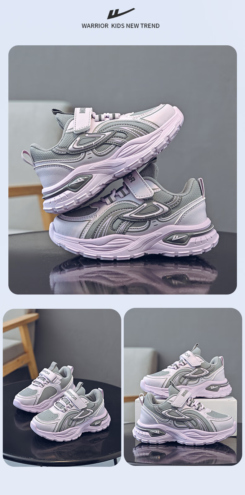 Warrior Children's Shoes, Girls' Spring And Autumn Sneakers, Kids' Soft-Soled Casual Running Shoes WZ-1617 Gray/Purple 36 4
