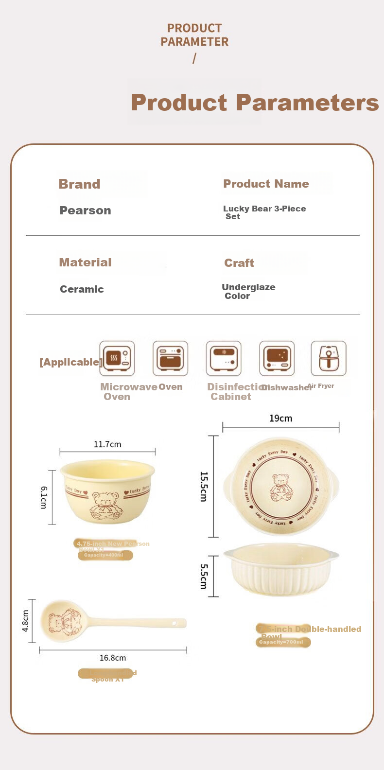 CERAMICS Cute Cartoon Lucky Bear Ceramic Tableware Set, 3 Pieces, for Home Use, Single Serving, Underglaze Color Bowls And Plates, Complete Set 7