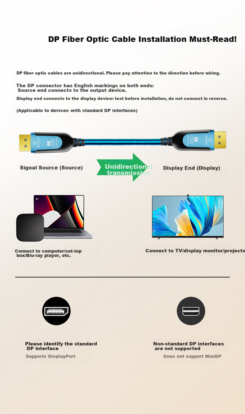 BIAZE Steel Armor Fiber Optic DP Cable Version 1.4, 15 Meters, 8K60Hz 4K144Hz HD DisplayPort Computer Connection for Monitor Projection Large Screen TV Video Cable 13