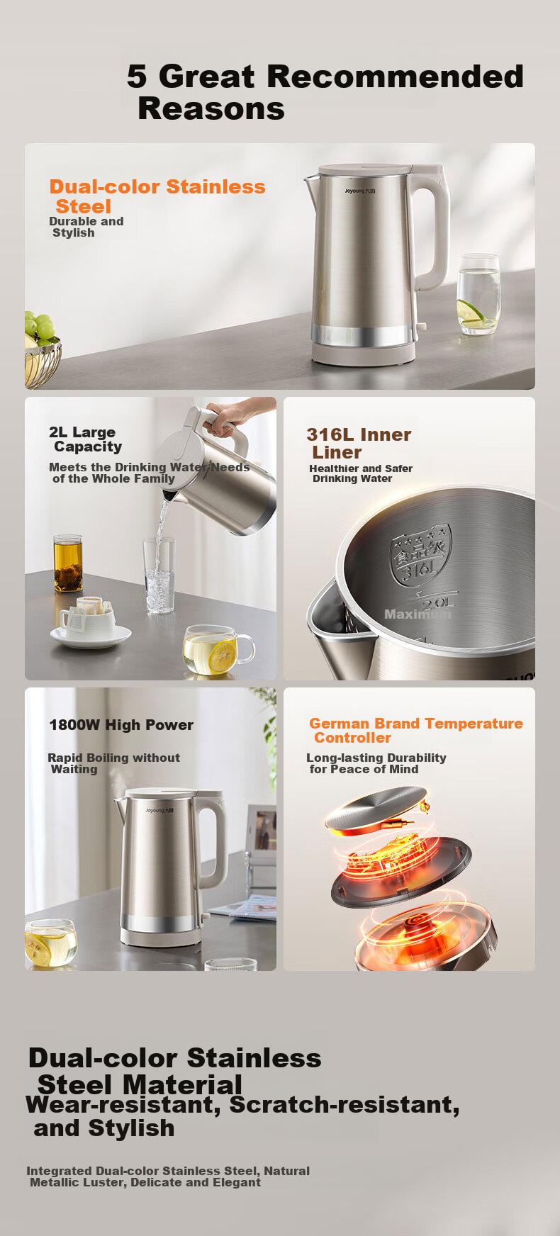 Joyoung Electric Kettle, 1.5L Capacity, 5 Temperature Settings, 304 Stainless Steel Seamless Design, No Glue, Constant Temperature Kettle K15ED-W520 5