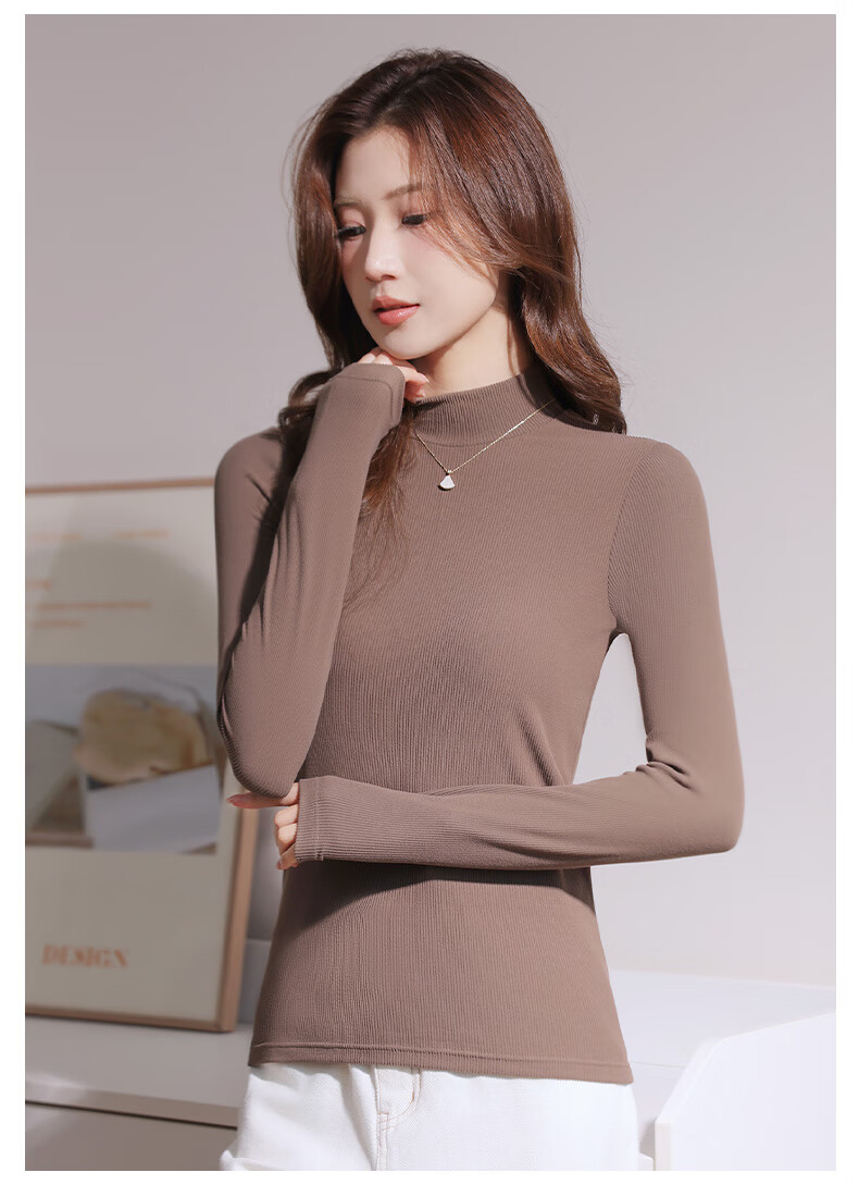 Langsha Women's Spring Ribbed Turtleneck Base Layer Top, Elegant Textured Long Sleeve, Coffee Color, 2XL 8
