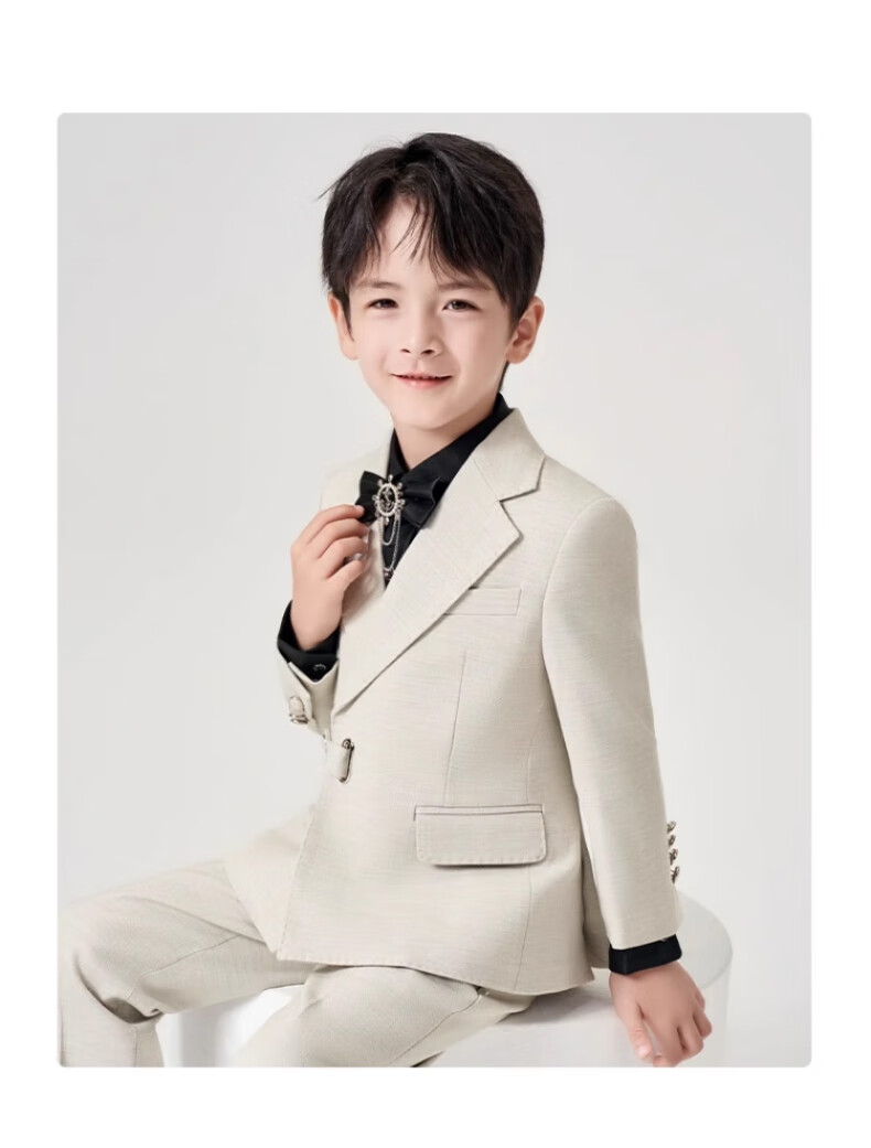 Romon Kids Suit Set Flower Boy Piano Performance Host Tuxedo Boys First Birthday Suit Off-White 160 11