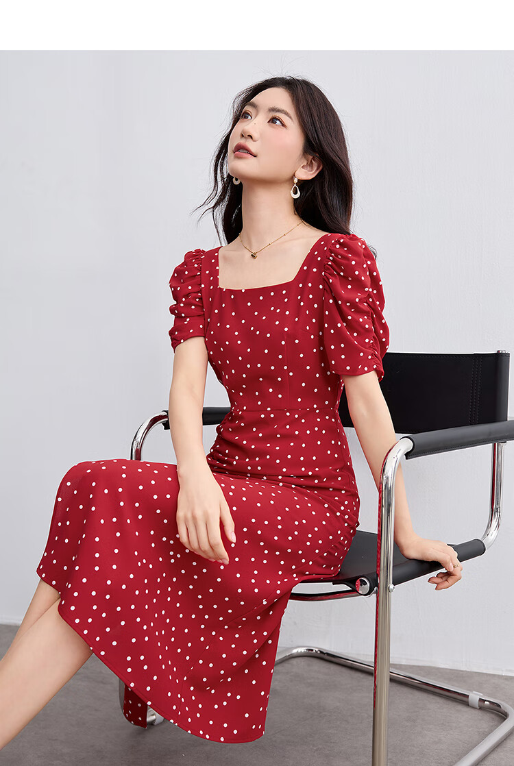 Sentubila French-Style Dress for Women, Summer Square Neckline, Ruched Sleeves, Vintage Polka Dot, Pleated Slit A-Line Skirt 10