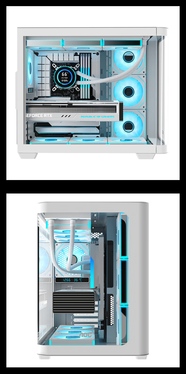 AOC Case CG453 White ATX Curved Glass Desktop Gaming PC Case, Front Curved Glass/Left And Right Compartments/Supports 360mm Water Cooling/10 Fan Positions 5