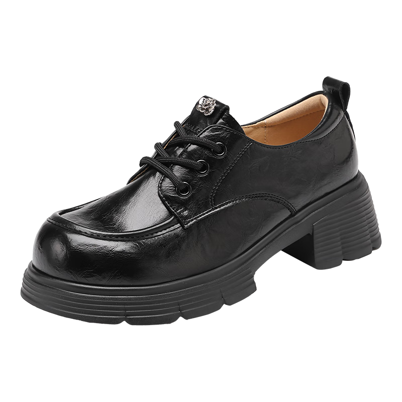 Red Dragonfly Women's Leather Shoes British Style Fashion Chunky Heel Commuter Loafers Soft Sole Lightweight WLB354291 Black Size 37