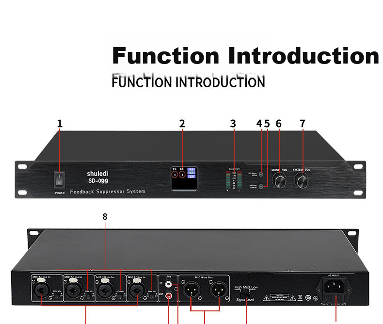 Shuledi SD-099 Domestic Feedback Suppressor, 4-Channel Microphone Mixer with Feedback Elimination, Anti-Howl Equalizer, Preamp Effects Processor for KTV Sound System, Conference Speaker, And Performance 9