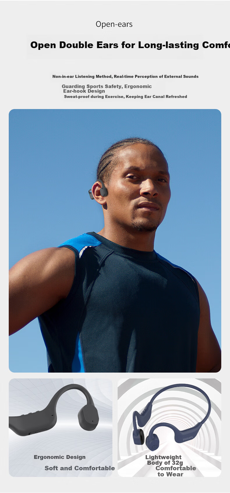 PHILIPS Bone Conduction Bluetooth Headphones, Professional Sports Running, Ear-Hook Style, True Wireless, Open-Ear Design, Not In-Ear, Clip-On, Long Battery Life, High-End Noise Reduction, Suitable for Apple And Huawei, TAA6609C Black 3