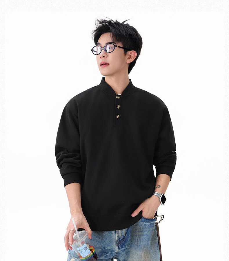 Homlean Heavyweight Henry Collar Solid Color Sweatshirt Men Autumn Fashion Casual Loose Base Shirt HQ00 Black 4XL 11