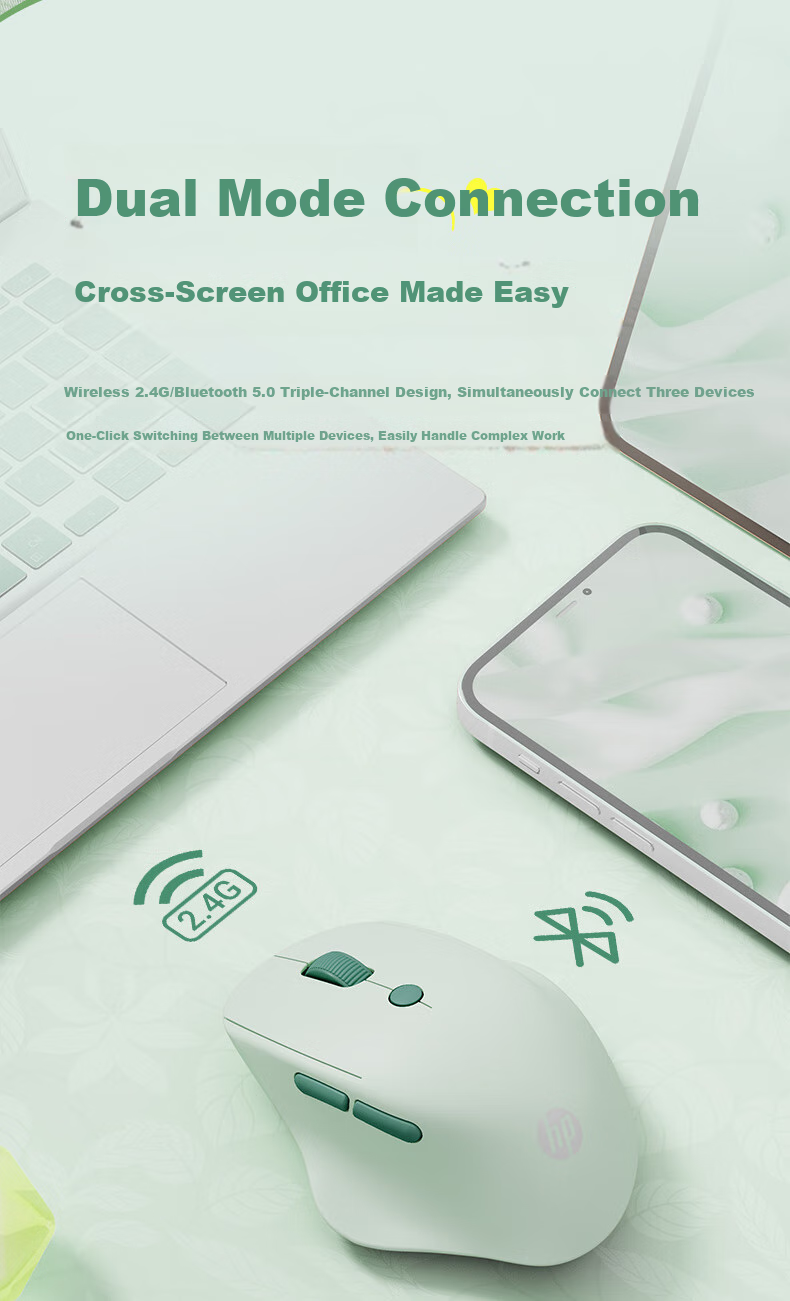 HP Engineer Ergonomic Mouse for Small And Medium Hands, Women's Mouse, Green, Wireless Bluetooth Dual Mode Office Mouse, Blue Shadow Sensor PAW3220 7