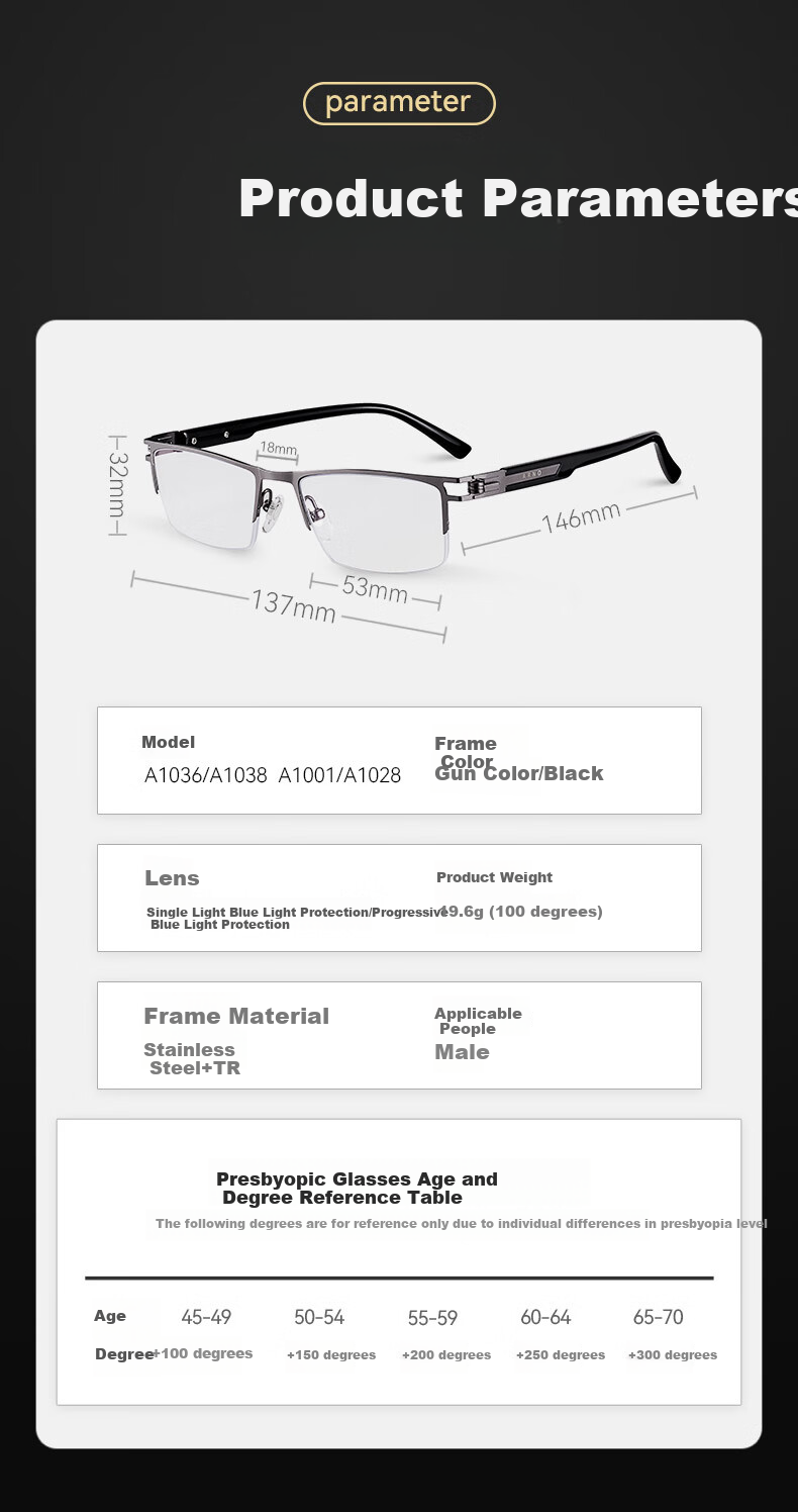 ARNO FOCUS ON YOUR EYES Reading Glasses for Men, Anti-Blue Light, German Imported, Fashionable Ultra-Light Women's High-Definition Presbyopic Glasses A1036 300 Degrees 6