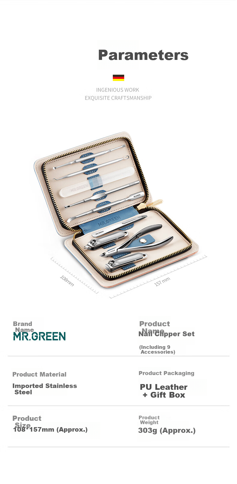 MR.GREEN German Nail Clipper Set, Wedding Gift for Women, Removes Dead Skin, Trims Nails, Manicure Tools, Blackhead Remover, Acne Needle, Ear Pick, Tweezers, Imported Stainless Steel Manicure Gift Box, 9-Piece Set Mr-6040 14