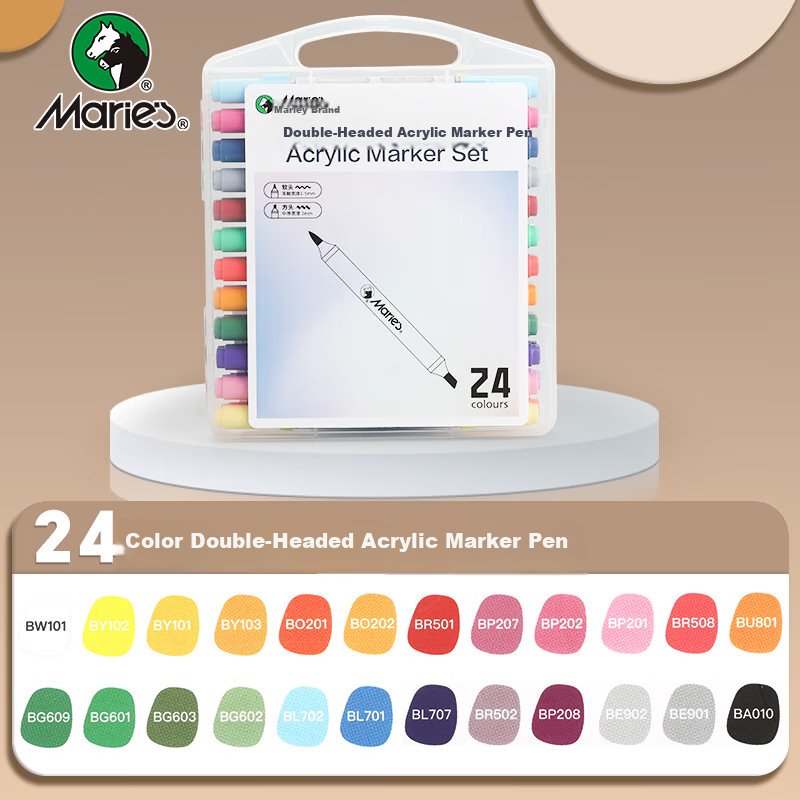 Marie's 24-Color Dual-Tip Straight Liquid Soft Tip Acrylic Markers, Non-Transparent Soft Drawing, Student Fluorescent Highlighters, Graffiti DIY Birthday Gift, PP Gift Box Set Watercolor Pens