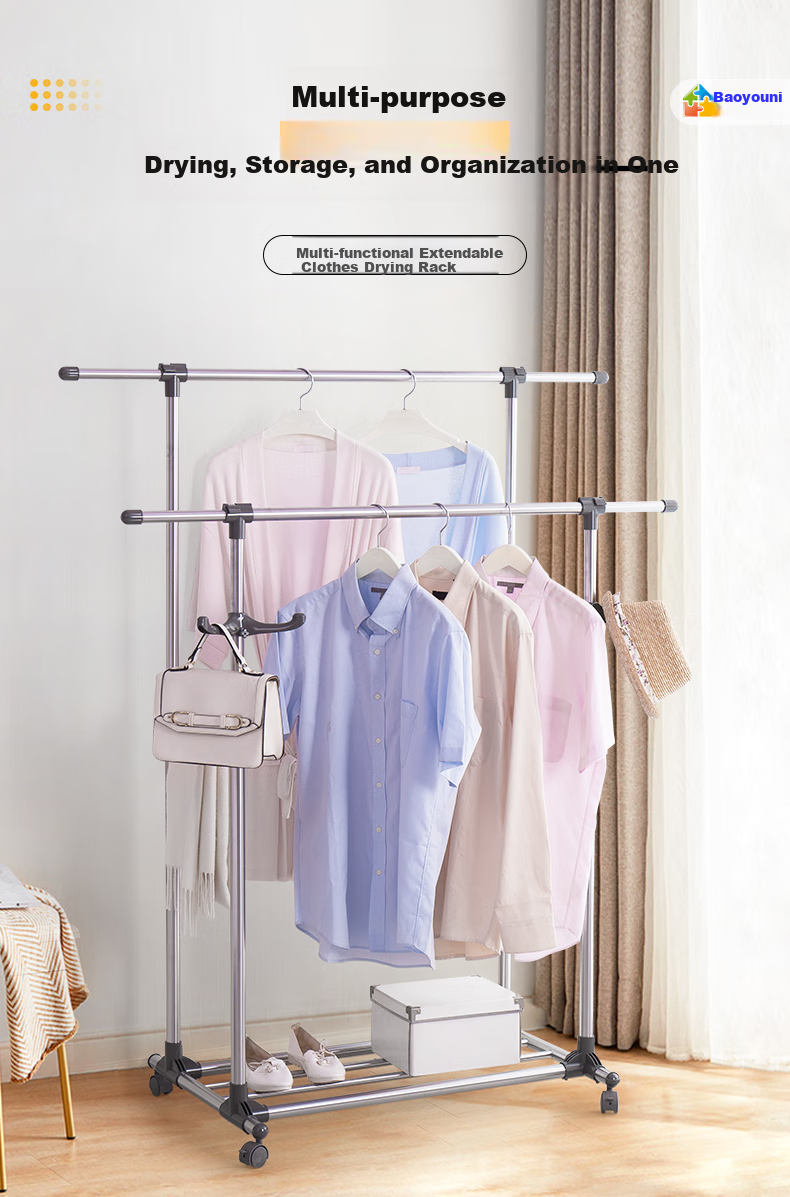 Baoyouni Clothes Drying Rack, Floor-Standing Indoor Roller Movable Hanger, Double-Pole Extendable Clothes Drying Rack, Balcony Drying Rack 1