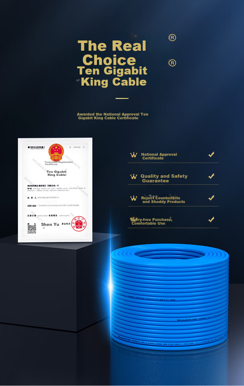 WANJEED CAT6A Unshielded Network Cable [National Standard 23AWG-0.57mm Oxygen-Free Pure Copper Core] 10 Gigabit High-Speed Network Engineering Home Wiring One Box of Cable 50 Meters Blue 6